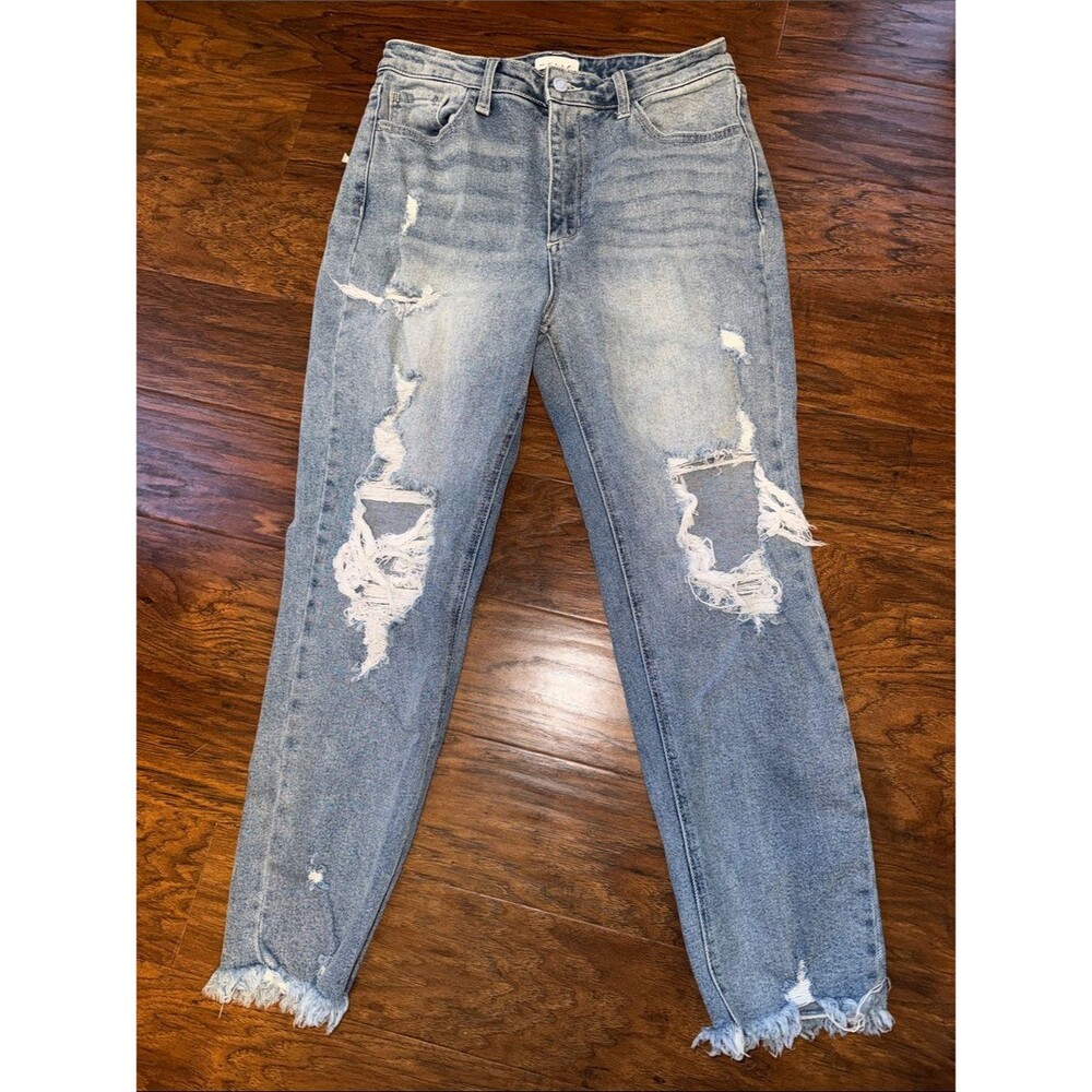 Women’s Cello light wash straight leg distressed raw hem denim high rise jeans